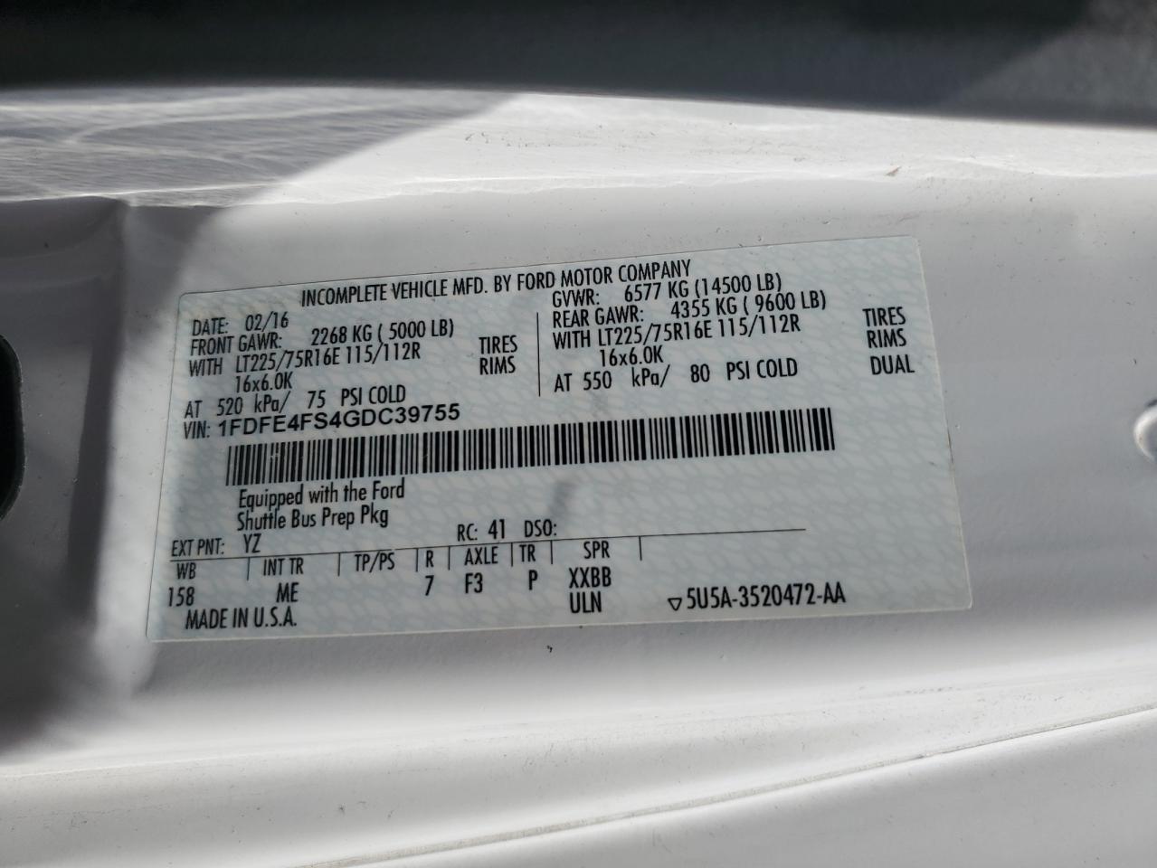 2016 Ford Econoline E450 Super Duty Cutaway Van VIN: 1FDFE4FS4GDC39755 Lot: 80065755