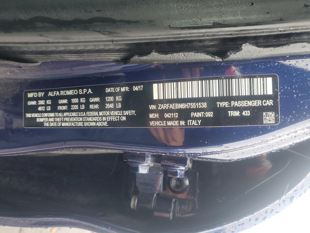 2017 Alfa Romeo Giulia VIN: ZARFAEBN6H7551538 Lot: 80889965