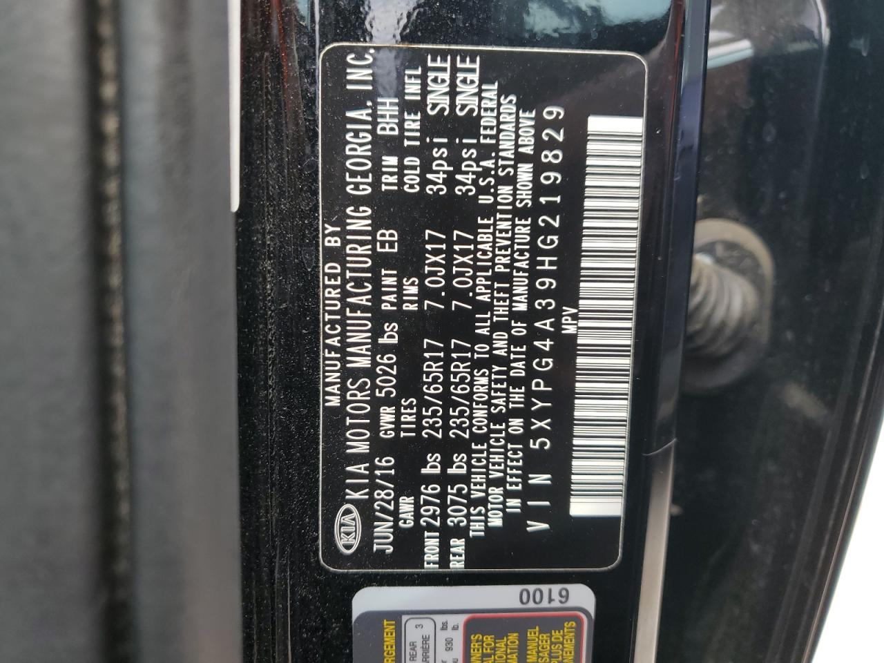 2017 Kia Sorento Lx VIN: 5XYPG4A39HG219829 Lot: 72037535