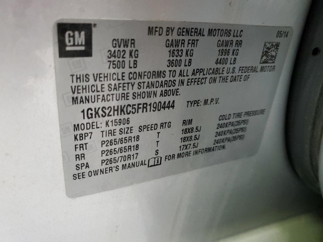 2015 GMC Yukon Xl K1500 Slt VIN: 1GKS2HKC5FR190444 Lot: 80051805