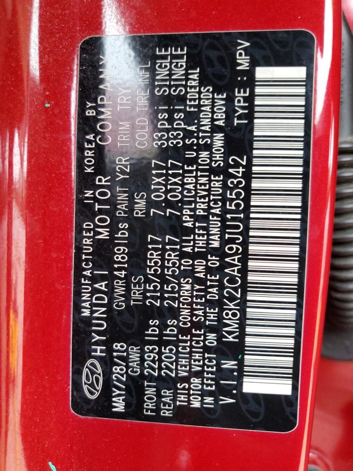 2018 Hyundai Kona Sel VIN: KM8K2CAA9JU155342 Lot: 71988525