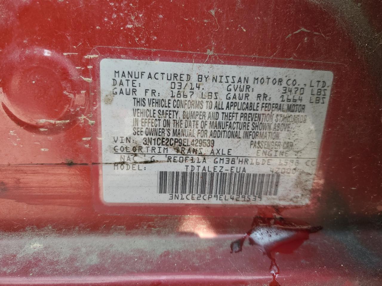 2014 Nissan Versa Note S VIN: 3N1CE2CP9EL429539 Lot: 71727265