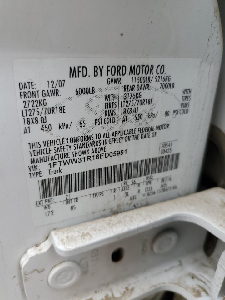 2008 Ford F350 Srw Super Duty VIN: 1FTWW31R18ED05951 Lot: 71510115
