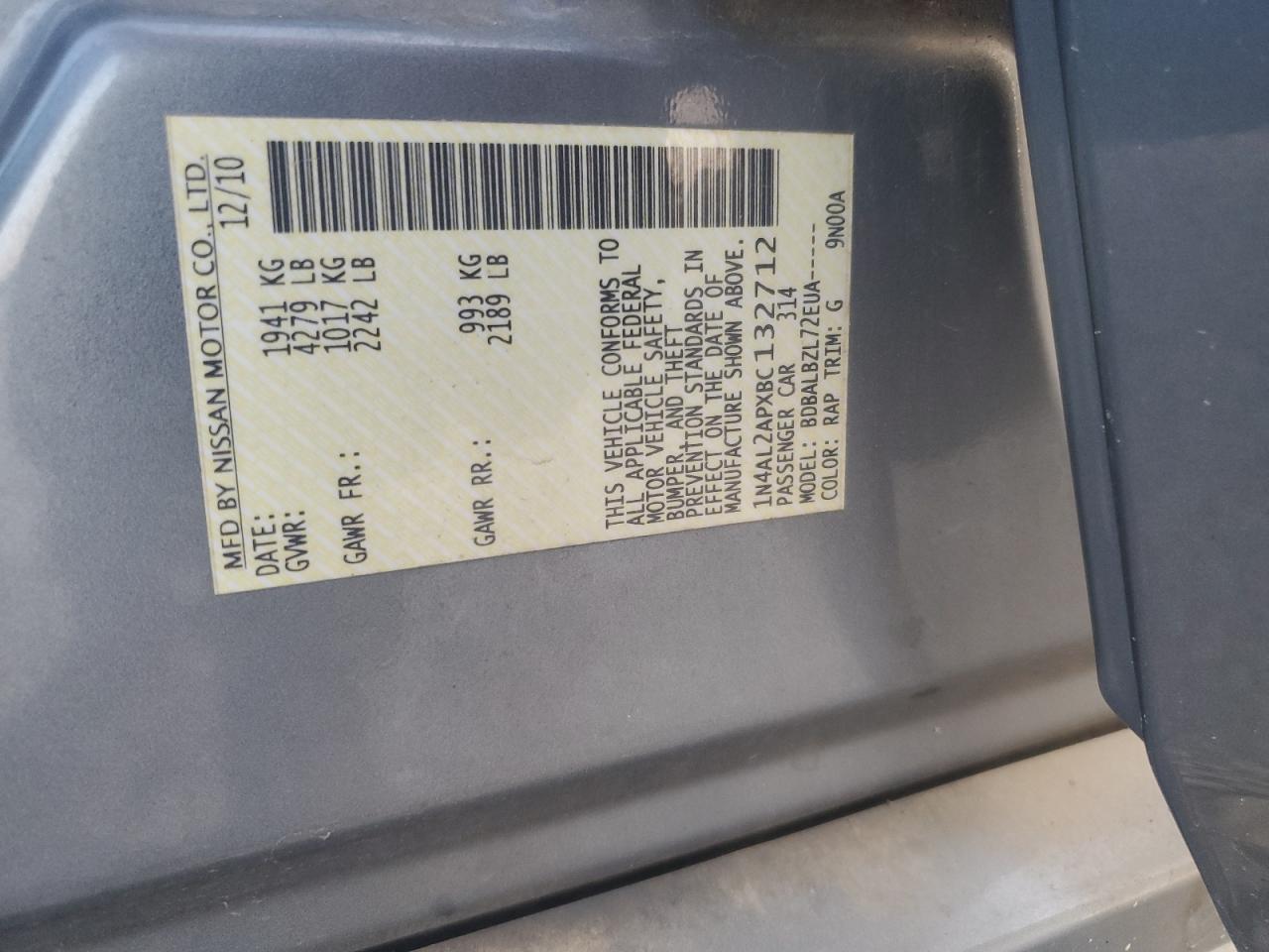 2011 Nissan Altima Base VIN: 1N4AL2APXBC132712 Lot: 71966155