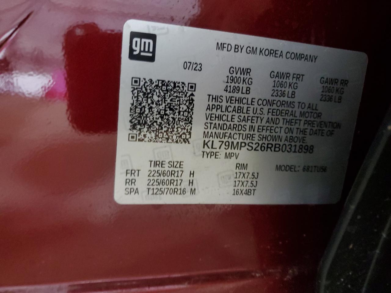 2024 Chevrolet Trailblazer Lt VIN: KL79MPS26RB031898 Lot: 80541895