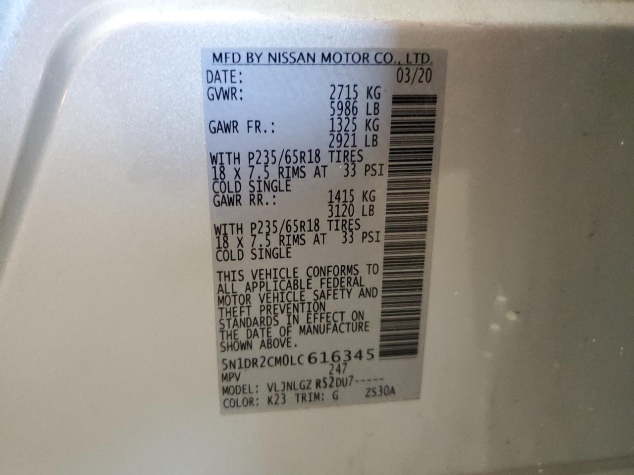 2020 Nissan Pathfinder Sl VIN: 5N1DR2CM0LC616345 Lot: 80180465