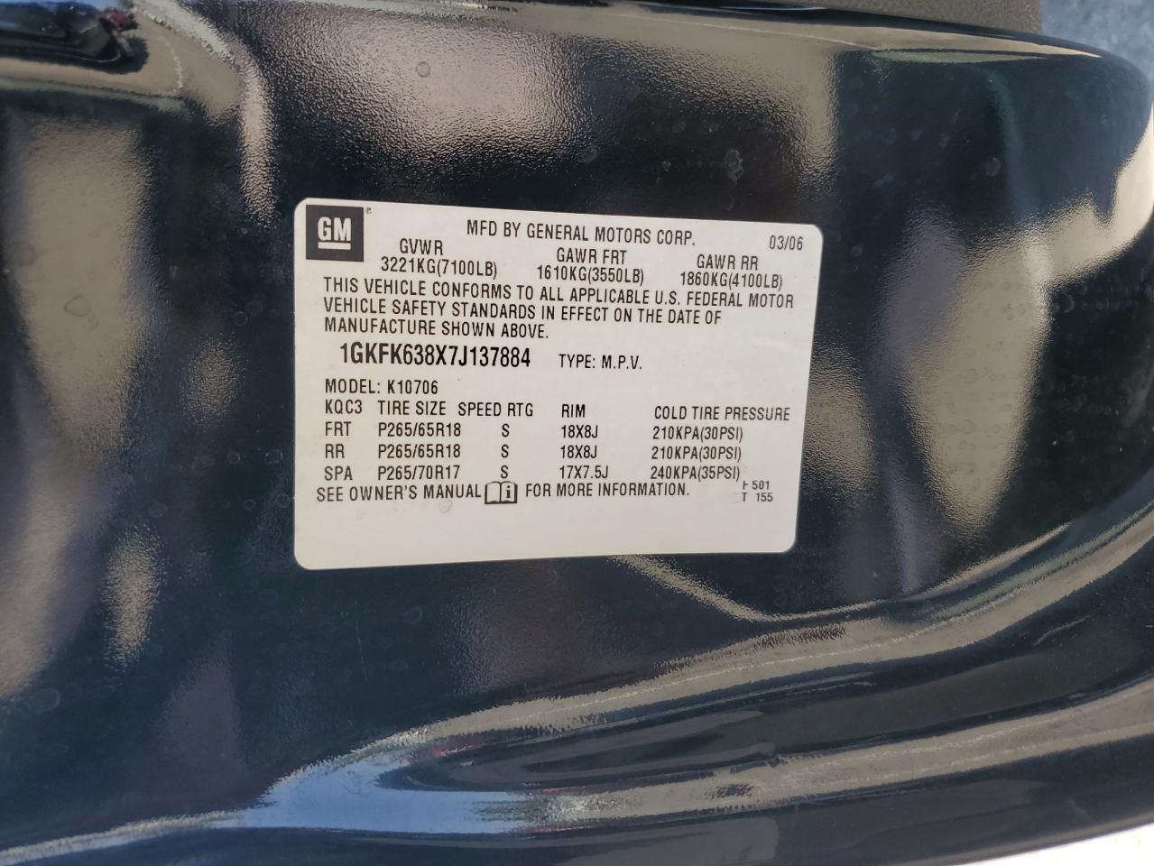 2007 GMC Yukon Denali VIN: 1GKFK638X7J137884 Lot: 72099155