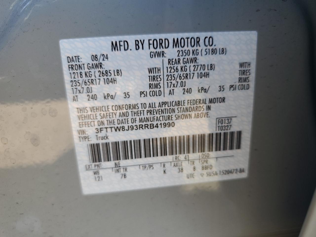 2024 Ford Maverick Xlt VIN: 3FTTW8J93RRB41990 Lot: 81813895