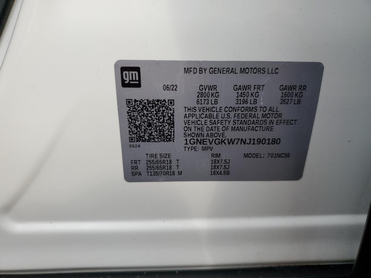 2022 Chevrolet Traverse Lt VIN: 1GNEVGKW7NJ190180 Lot: 84375275