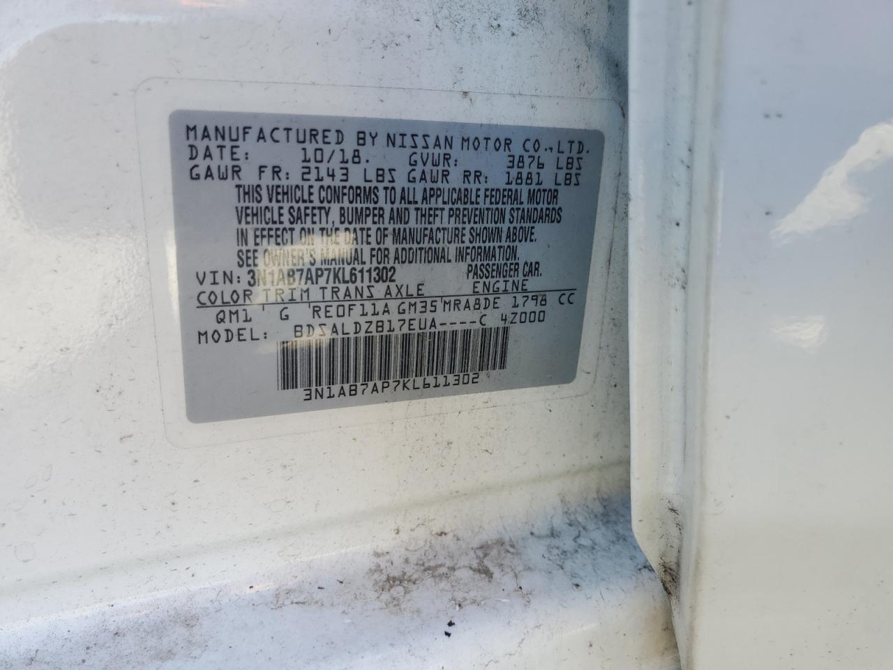 2019 Nissan Sentra S VIN: 3N1AB7AP7KL611302 Lot: 83788115