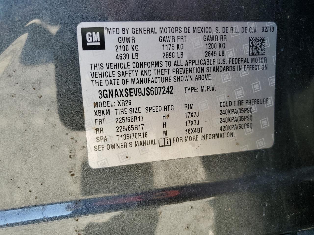 2018 Chevrolet Equinox Lt VIN: 3GNAXSEV9JS607242 Lot: 70626495