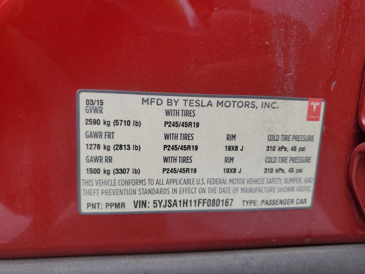 2015 Tesla Model S 85 VIN: 5YJSA1H11FF080167 Lot: 80018835