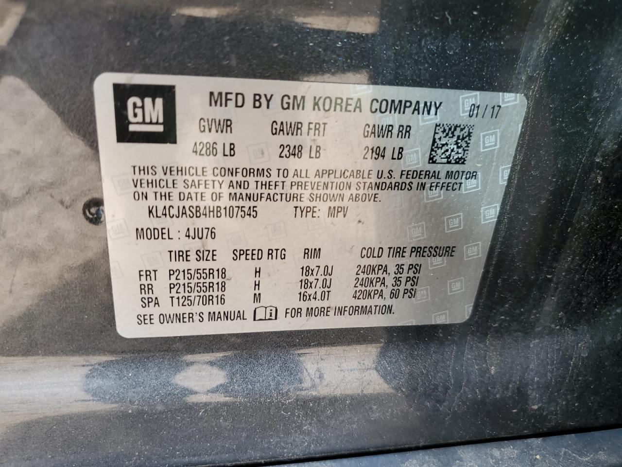2017 Buick Encore Preferred VIN: KL4CJASB4HB107545 Lot: 80864245