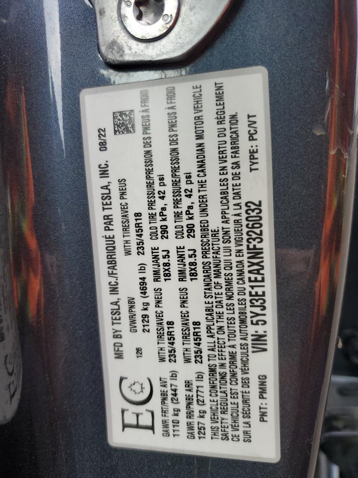 2022 Tesla Model 3 VIN: 5YJ3E1EAXNF326032 Lot: 83873915
