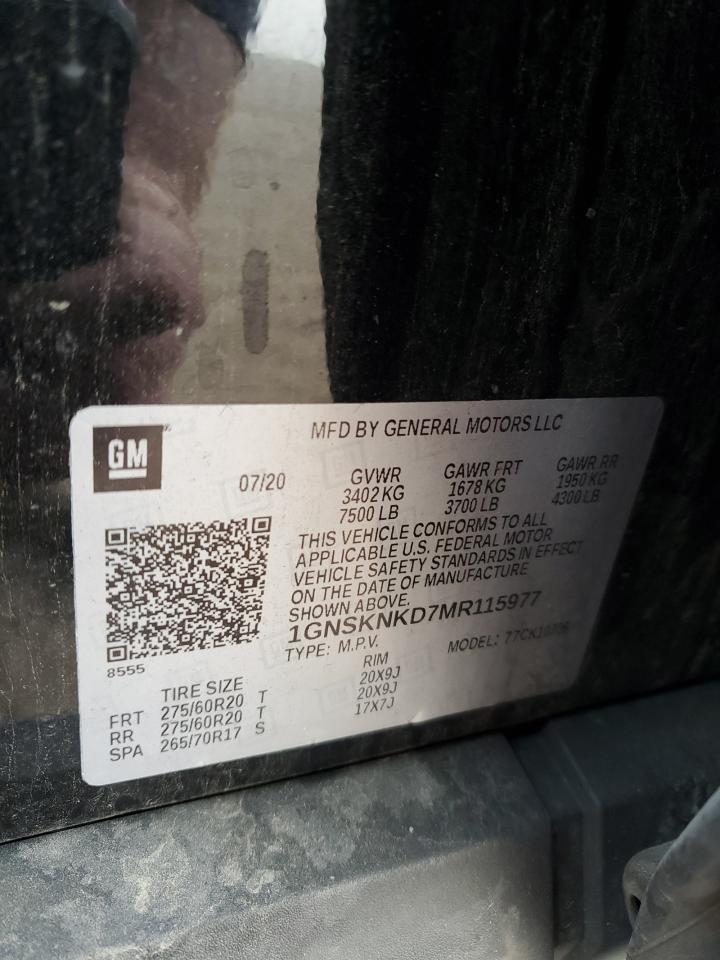 2021 Chevrolet Tahoe K1500 Lt VIN: 1GNSKNKD7MR115977 Lot: 80363995