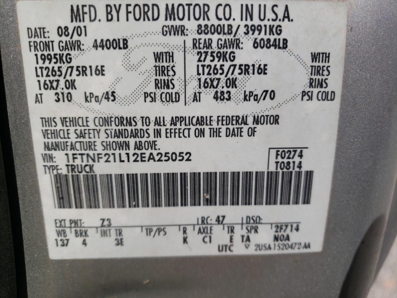 2002 Ford F250 Super Duty VIN: 1FTNF21L12EA25052 Lot: 80529145