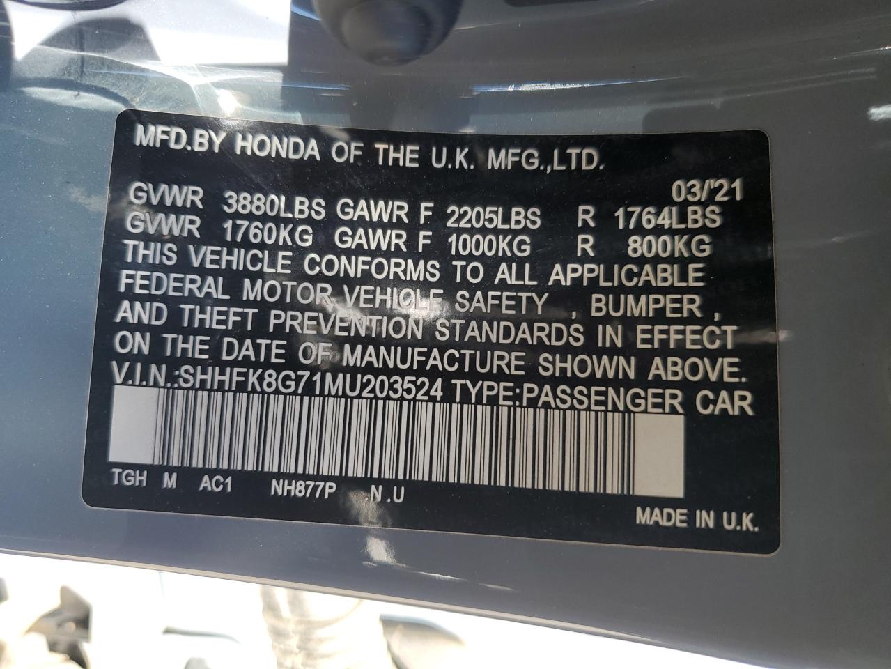 2021 Honda Civic Type-R Touring VIN: SHHFK8G71MU203524 Lot: 71213695