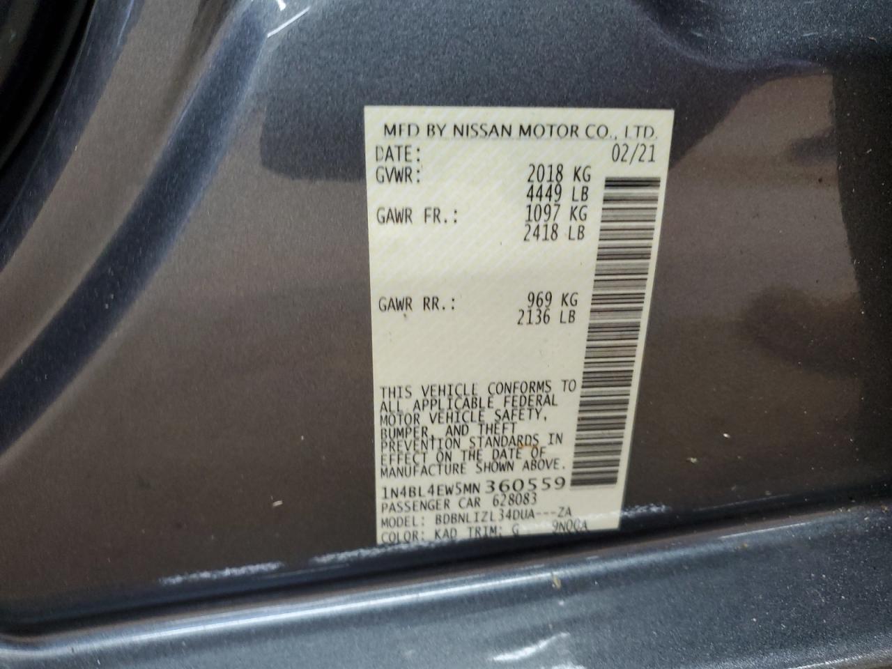 2021 Nissan Altima Sl VIN: 1N4BL4EW5MN360559 Lot: 81415875