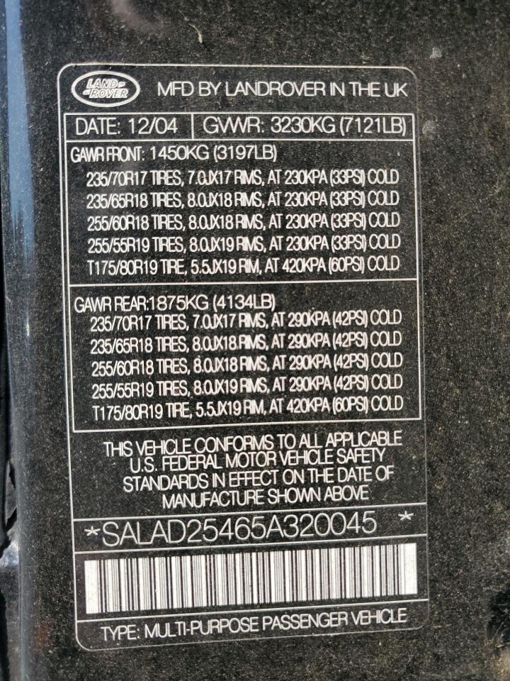 2005 Land Rover Lr3 Se VIN: SALAD25465A320045 Lot: 70412185