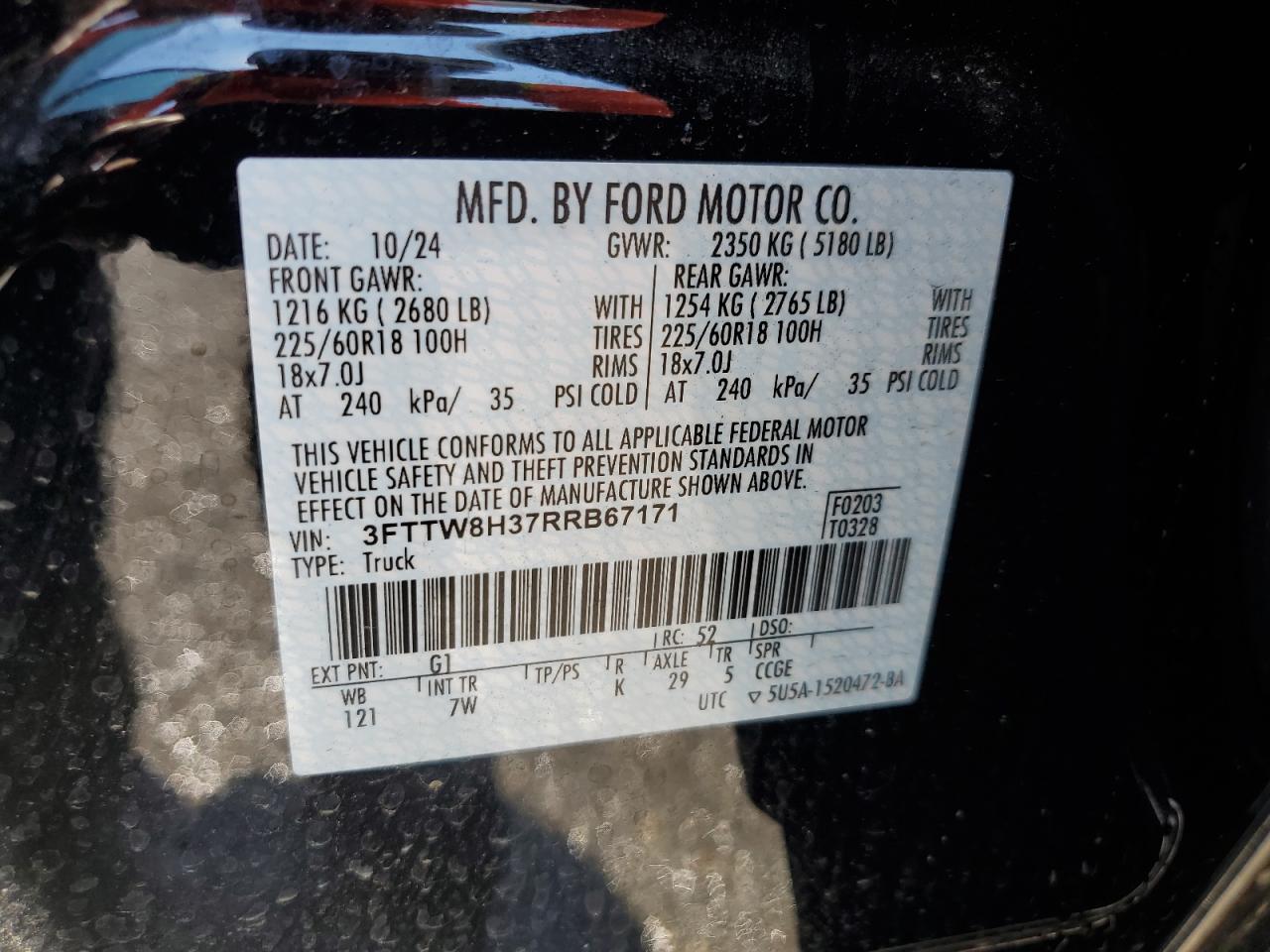 2024 Ford Maverick Xlt VIN: 3FTTW8H37RRB67171 Lot: 80191715