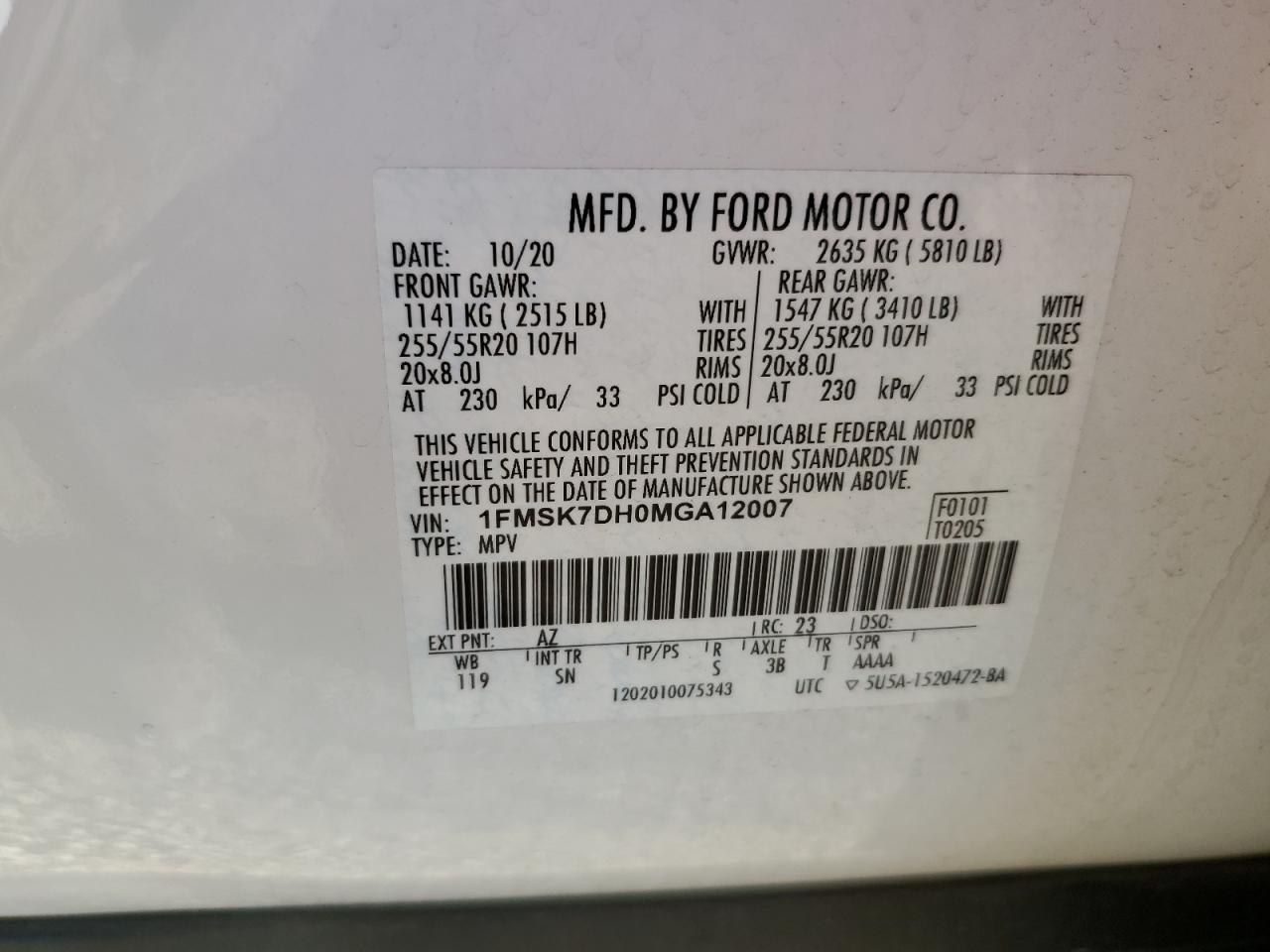2021 Ford Explorer Xlt VIN: 1FMSK7DH0MGA12007 Lot: 81933855