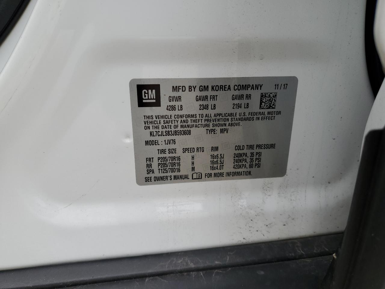 2018 Chevrolet Trax 1Lt VIN: KL7CJLSB3JB593608 Lot: 71500815