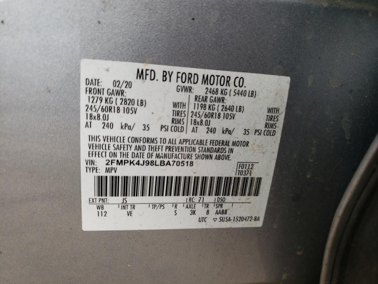2020 Ford Edge Sel VIN: 2FMPK4J98LBA70518 Lot: 80064055