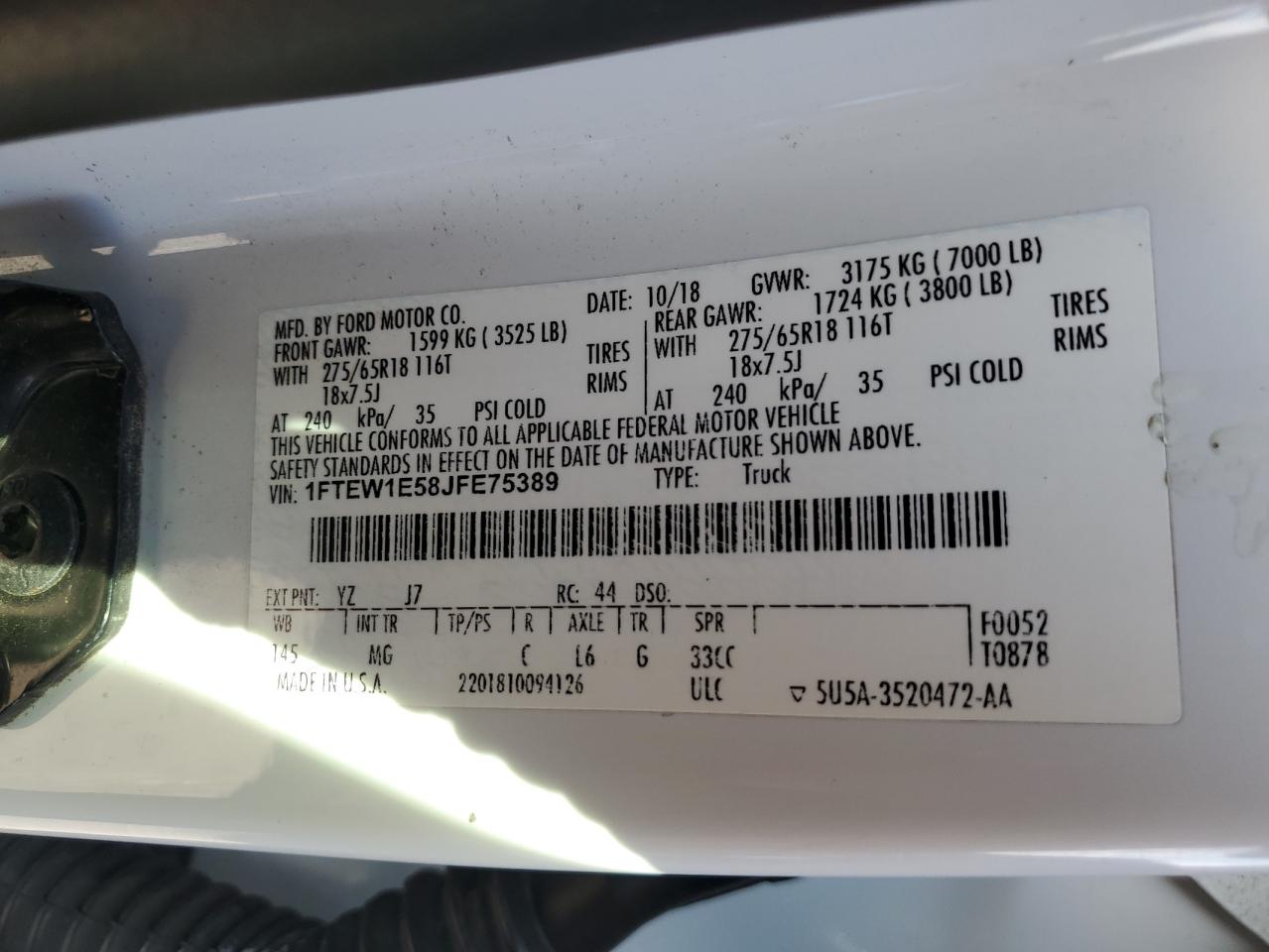 2018 Ford F150 Supercrew VIN: 1FTEW1E58JFE75389 Lot: 70952815