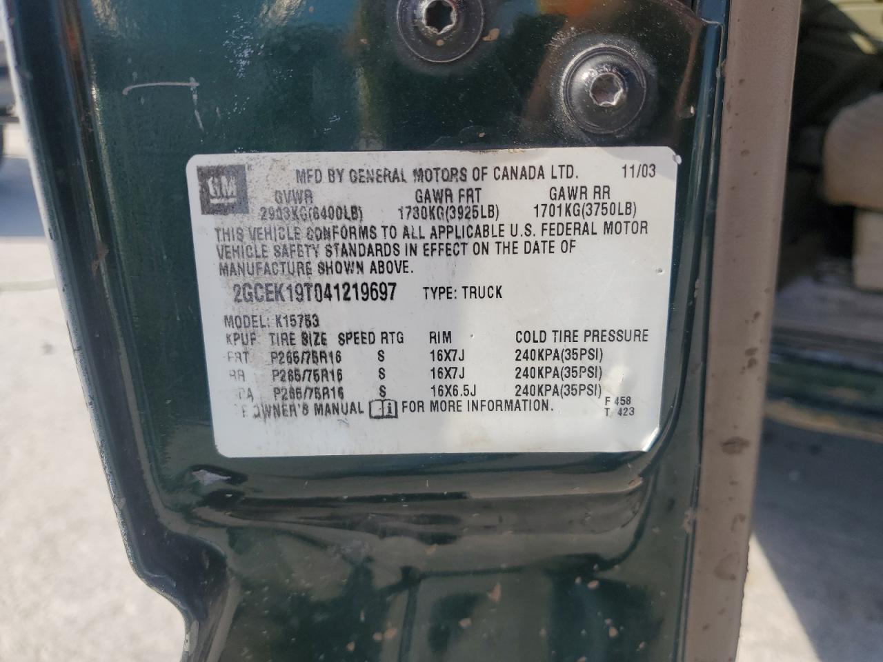 2004 Chevrolet Silverado K1500 VIN: 2GCEK19T041219697 Lot: 83969475