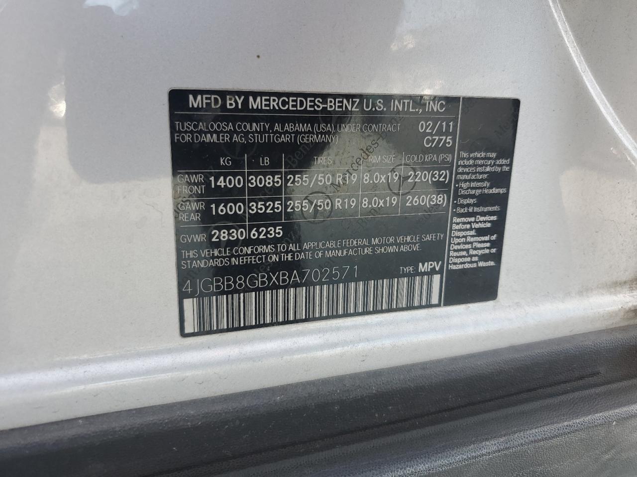 2011 Mercedes-Benz Ml 350 4Matic VIN: 4JGBB8GBXBA702571 Lot: 70705535