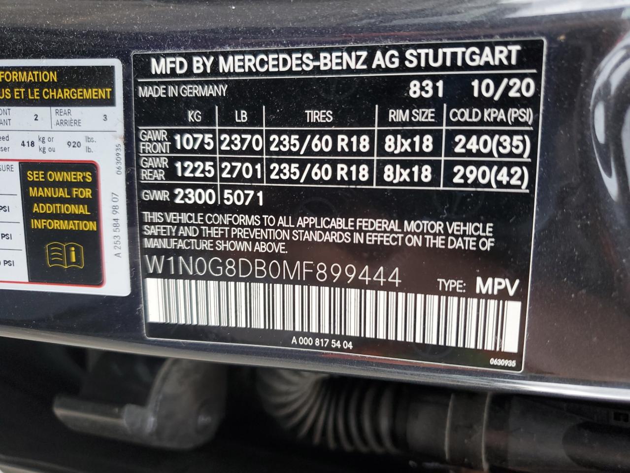 2021 Mercedes-Benz Glc 300 VIN: W1N0G8DB0MF899444 Lot: 84026985