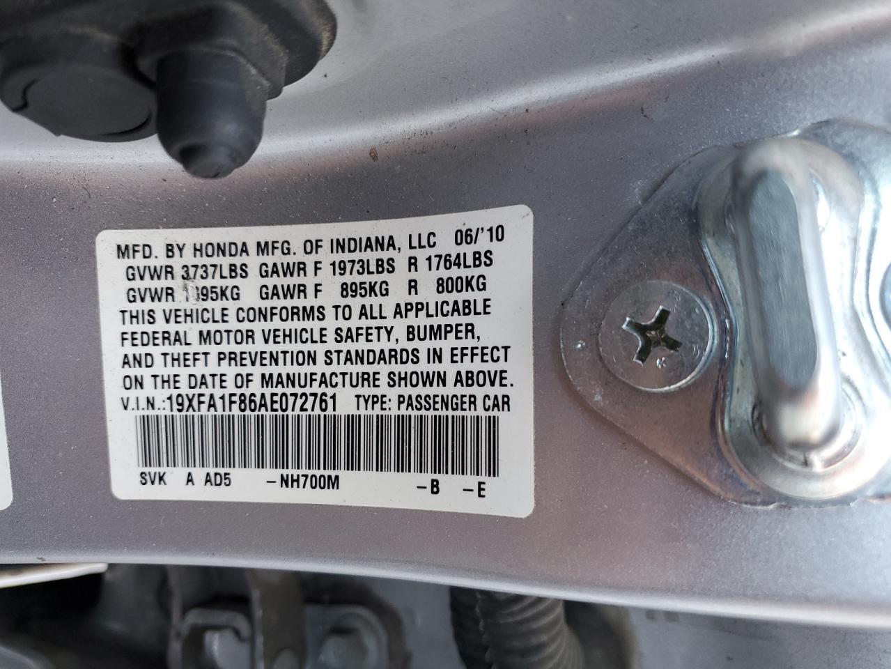 2010 Honda Civic Ex VIN: 19XFA1F86AE072761 Lot: 84708665