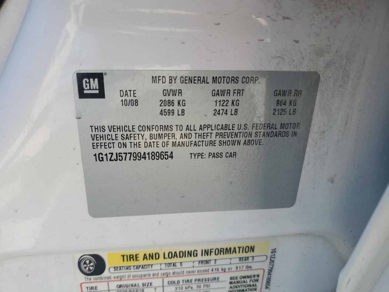 2009 Chevrolet Malibu 2Lt VIN: 1G1ZJ577994189654 Lot: 84458965