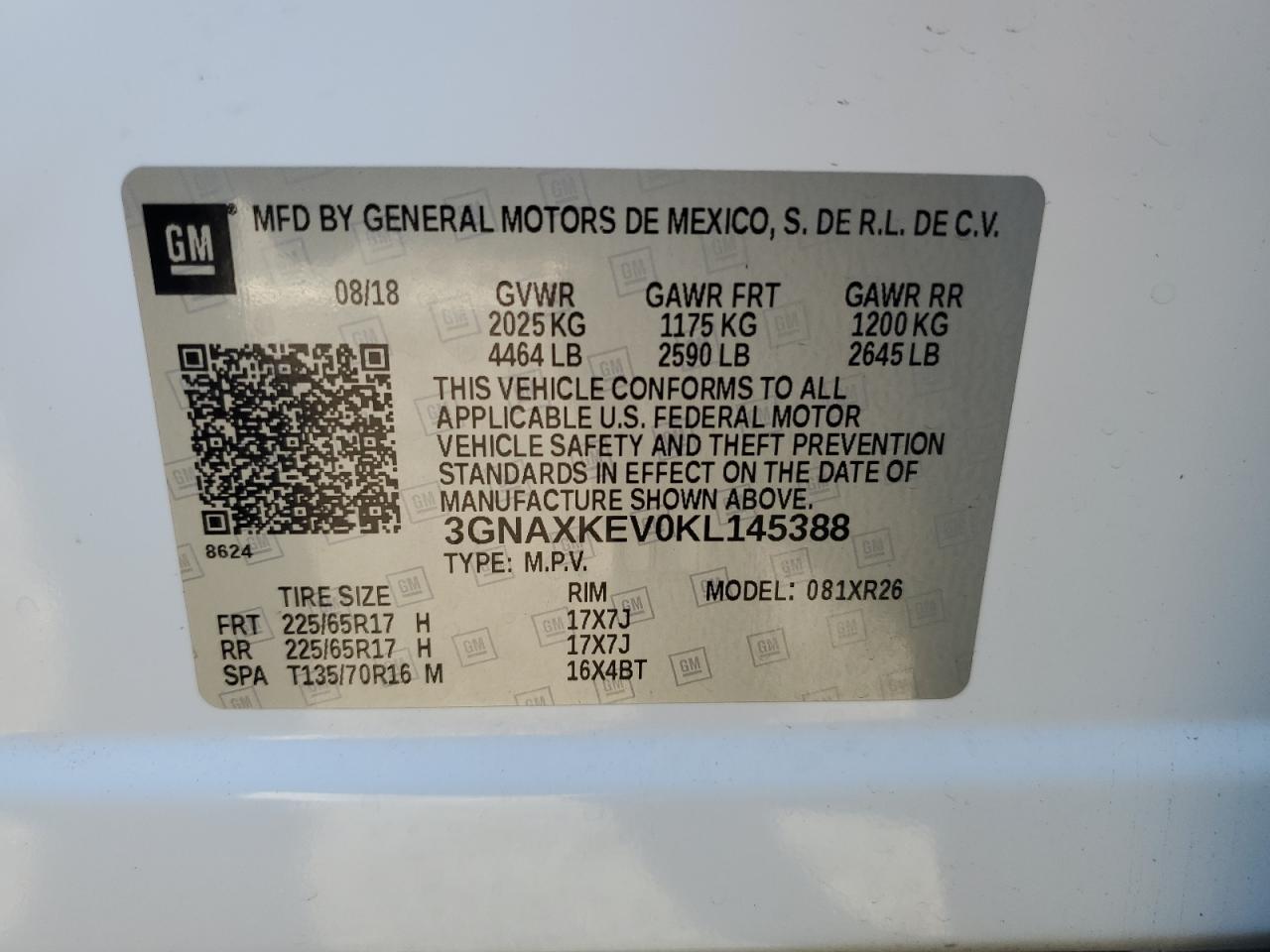2019 Chevrolet Equinox Lt VIN: 3GNAXKEV0KL145388 Lot: 82152215