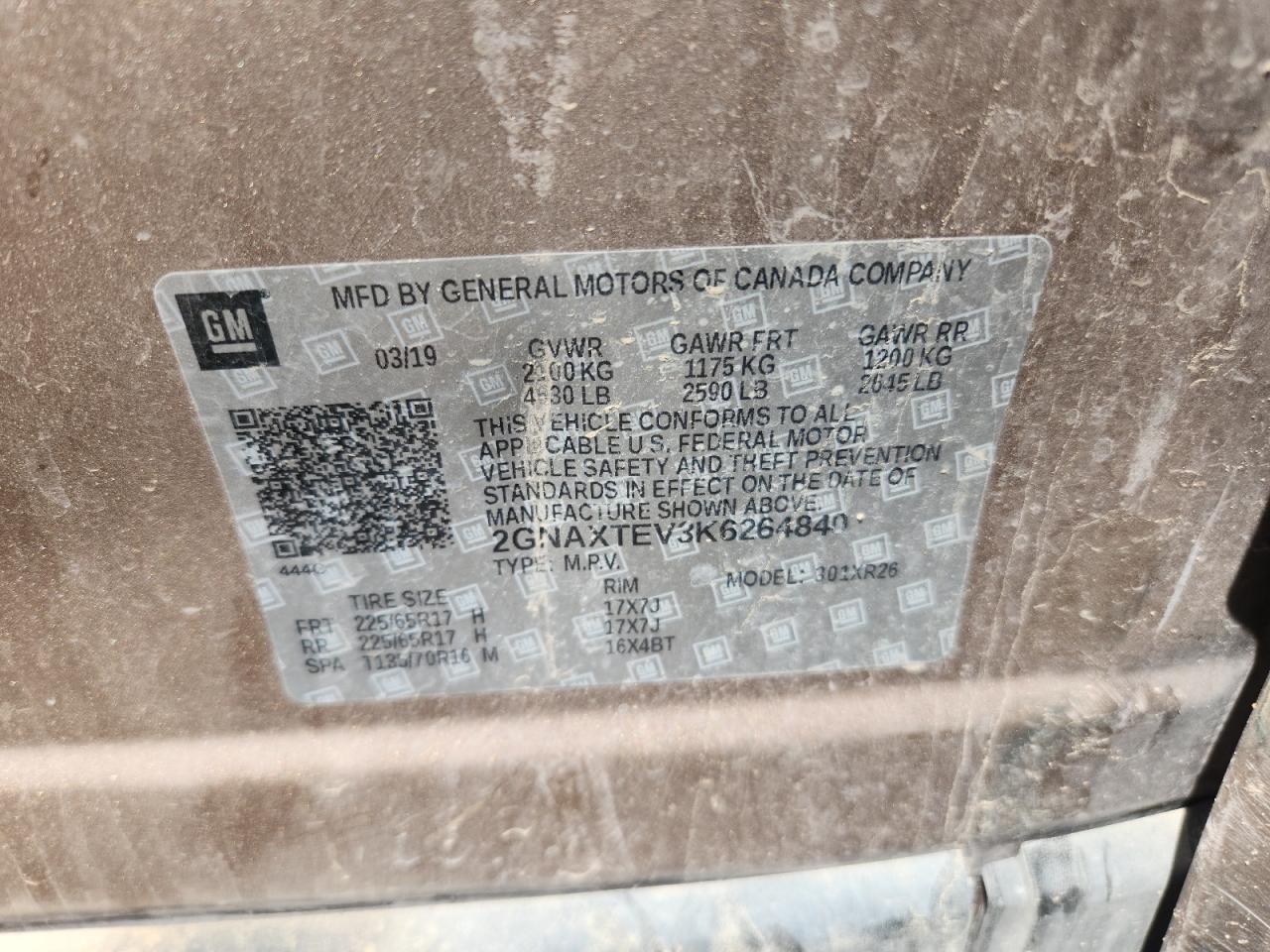 2019 Chevrolet Equinox Lt VIN: 2GNAXTEV3K6264840 Lot: 71909405