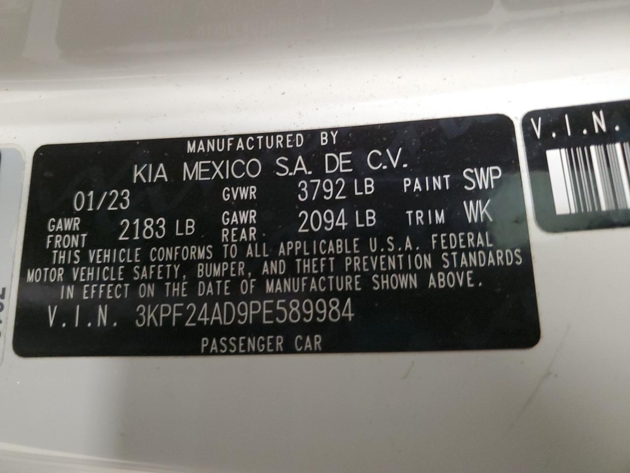 2023 Kia Forte Lx VIN: 3KPF24AD9PE589984 Lot: 80270185