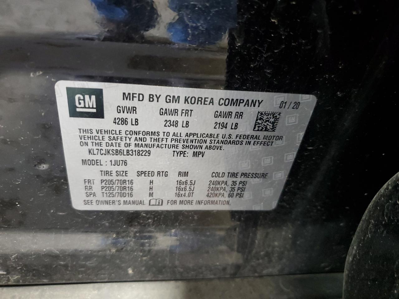 2020 Chevrolet Trax Ls VIN: KL7CJKSB6LB318229 Lot: 81693785