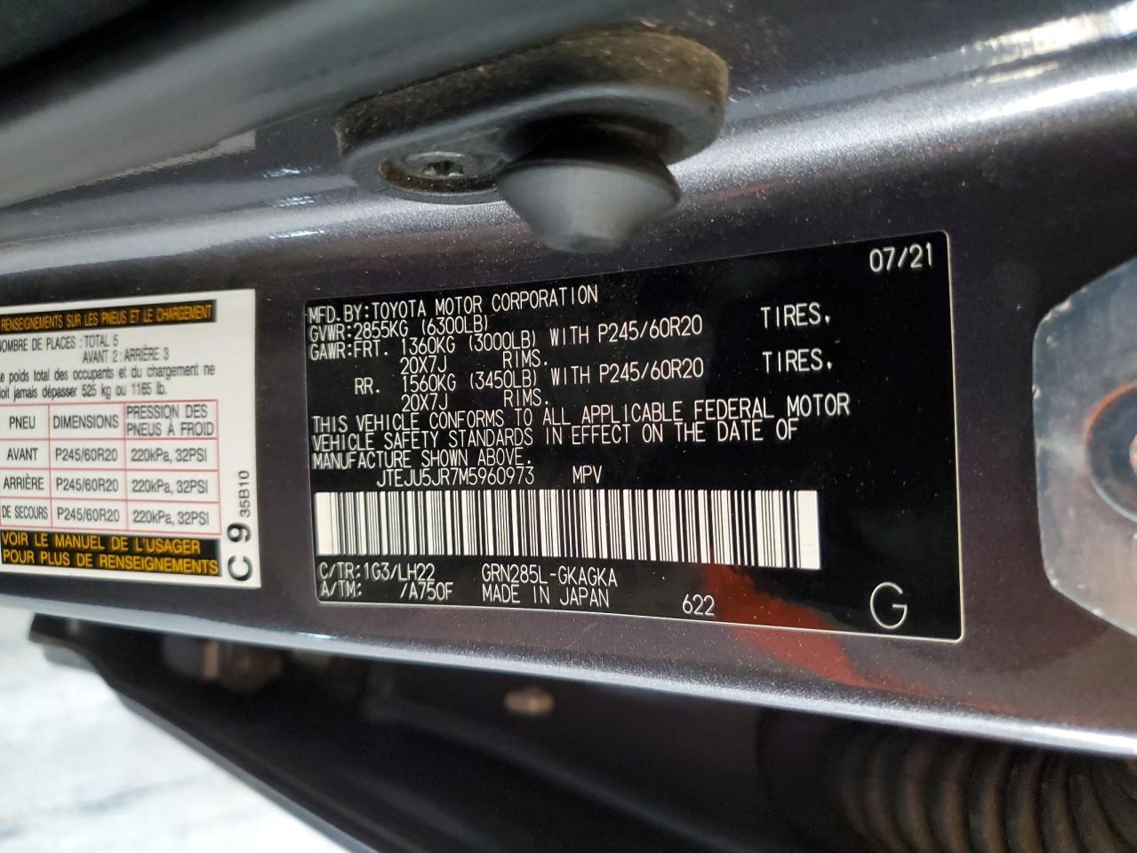 2021 Toyota 4Runner Night Shade VIN: JTEJU5JR7M5960973 Lot: 81521385