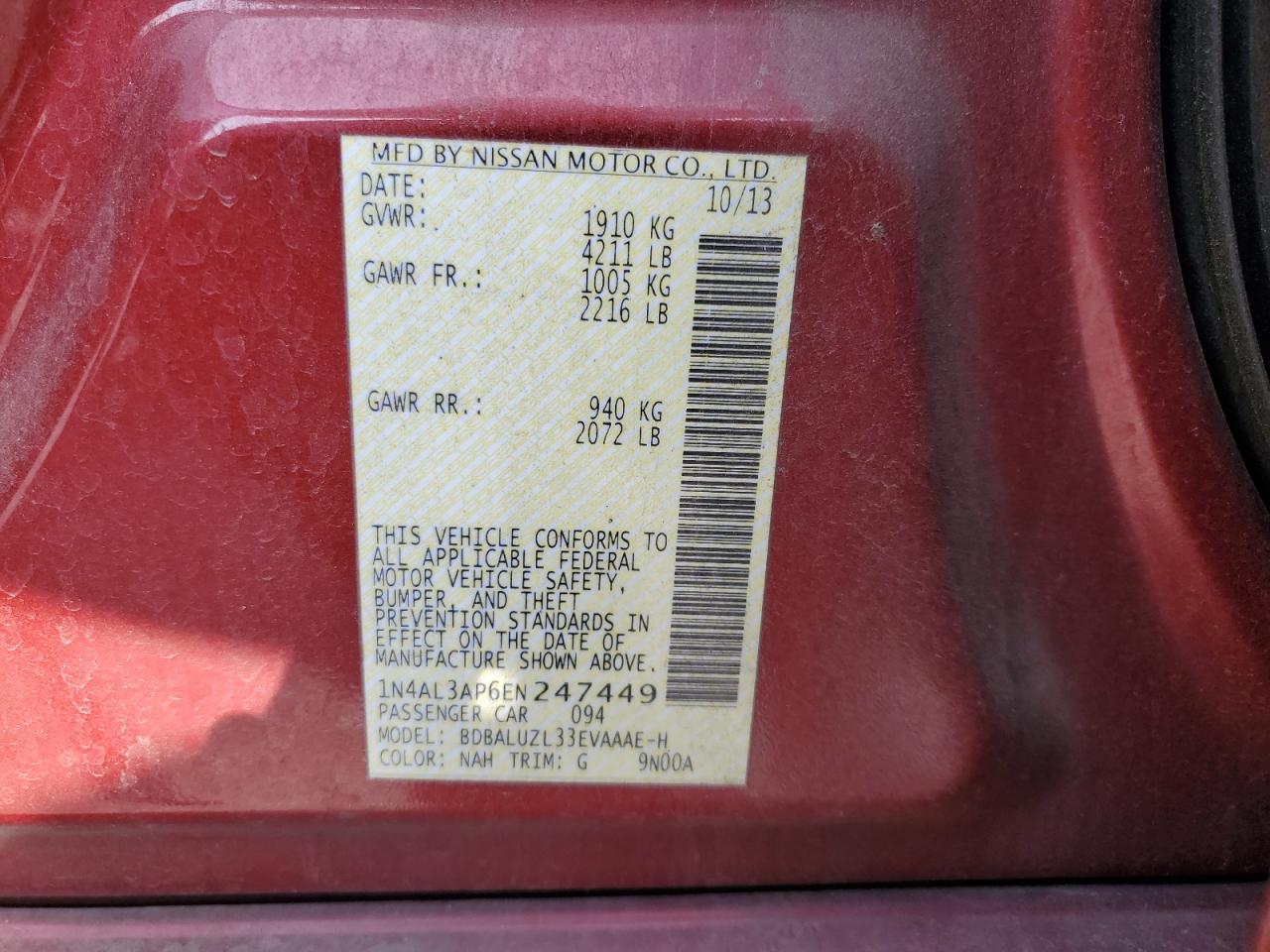 2014 Nissan Altima 2.5 VIN: 1N4AL3AP6EN247449 Lot: 81901895