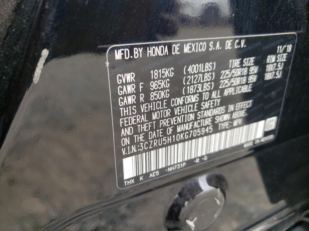 2019 Honda Hr-V Sport VIN: 3CZRU5H10KG705945 Lot: 81844565