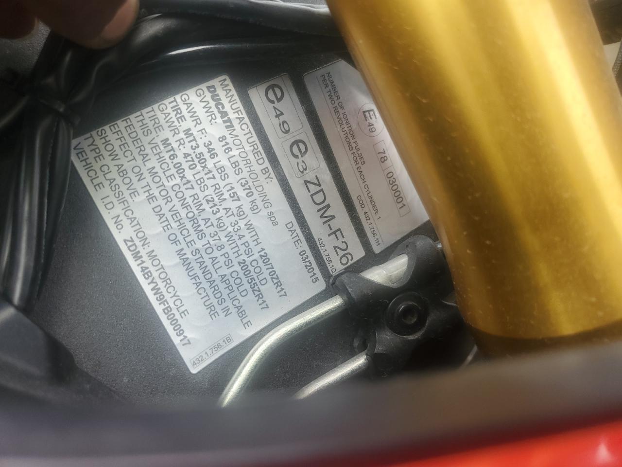 2015 Ducati Superbike 1299 Panigale VIN: ZDM14BYW9FB000917 Lot: 84032225