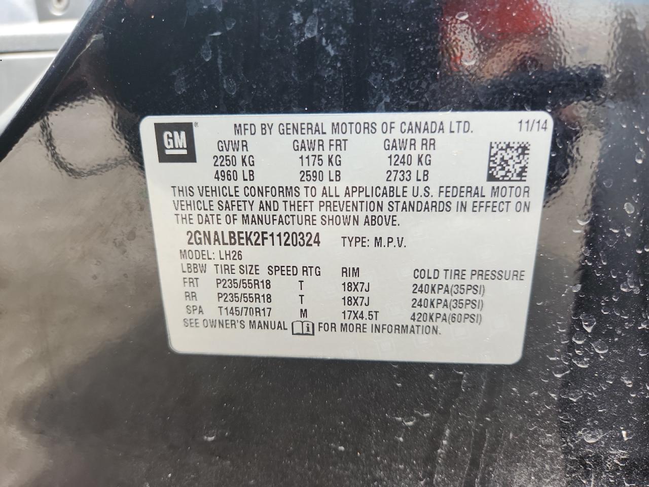 2015 Chevrolet Equinox Lt VIN: 2GNALBEK2F1120324 Lot: 81670485