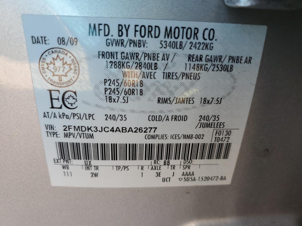 2010 Ford Edge Sel VIN: 2FMDK3JC4ABA26277 Lot: 70668425