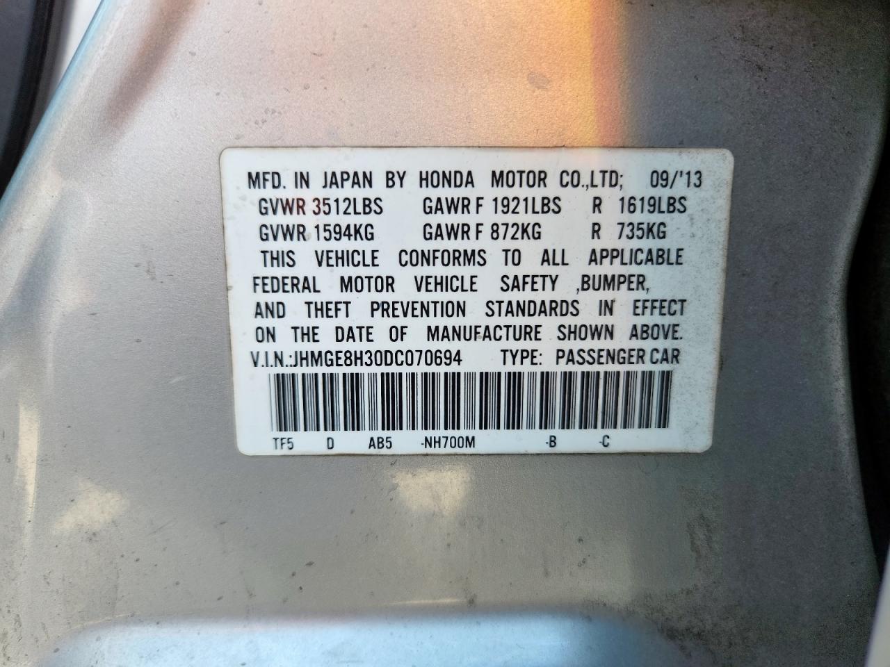 2013 Honda Fit VIN: JHMGE8H30DC070694 Lot: 81406335