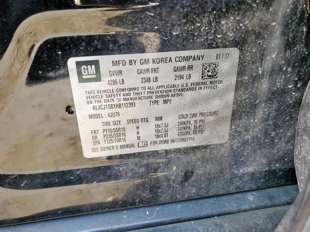 2017 Buick Encore Sport Touring VIN: KL4CJ1SBXHB112393 Lot: 84047025