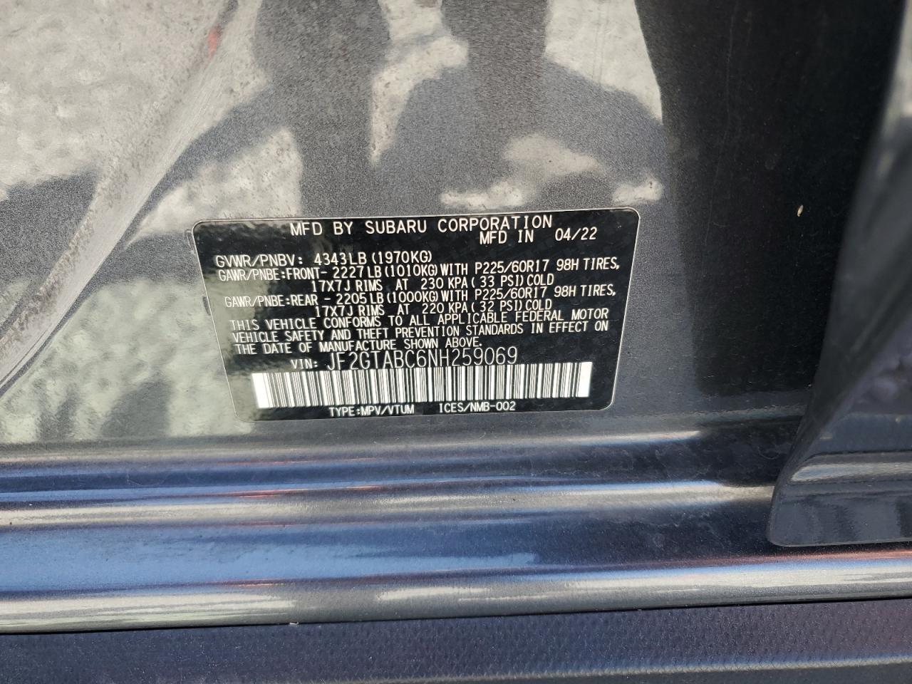 2022 Subaru Crosstrek VIN: JF2GTABC6NH259069 Lot: 80325435