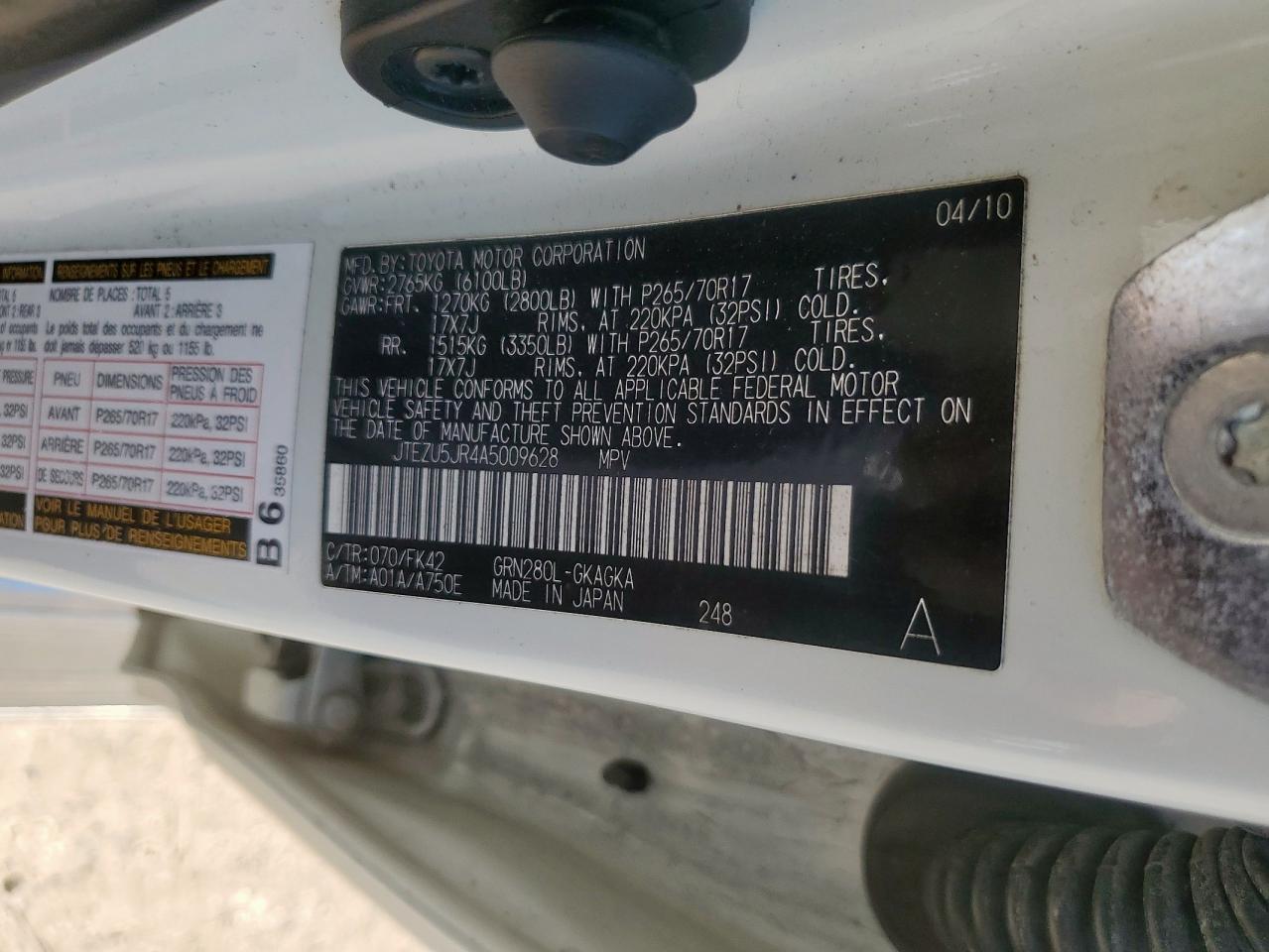 2010 Toyota 4Runner Sr5 VIN: JTEZU5JR4A5009628 Lot: 71688125