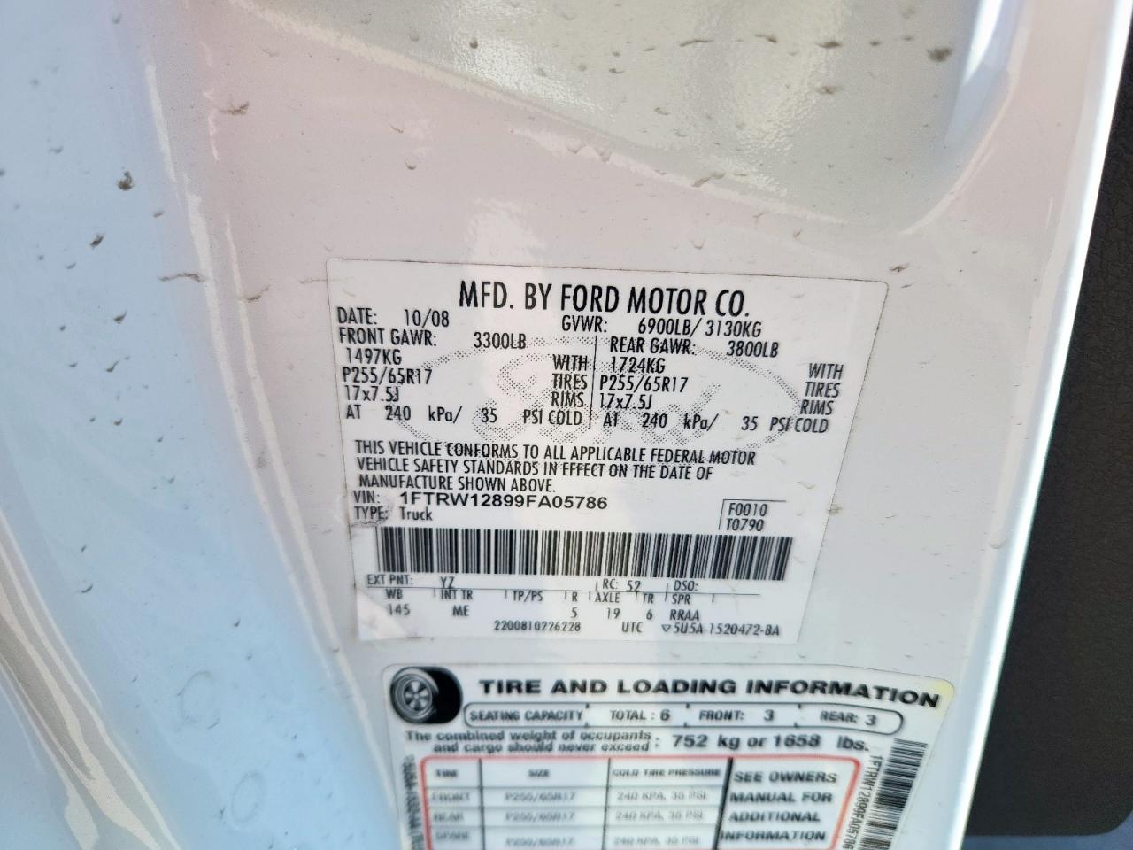 2009 Ford F150 Supercrew VIN: 1FTRW12899FA05786 Lot: 71278285