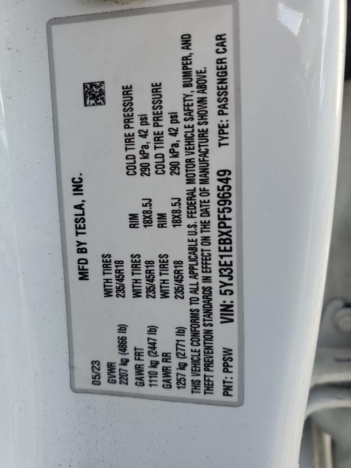 2023 Tesla Model 3 VIN: 5YJ3E1EBXPF596549 Lot: 83989405