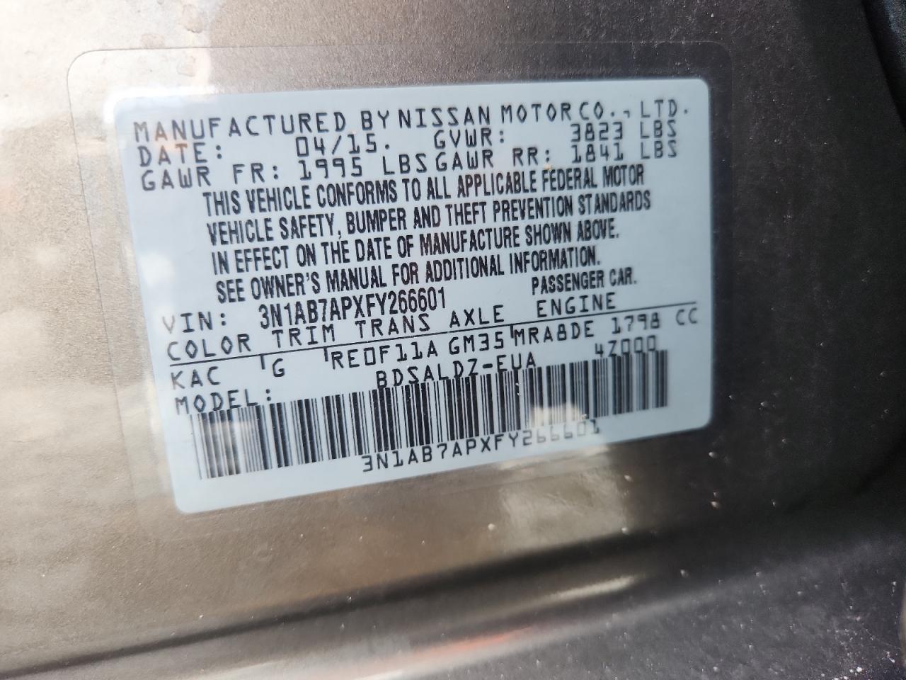 2015 Nissan Sentra S VIN: 3N1AB7APXFY266601 Lot: 81671575
